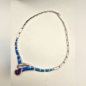 Sterling Silver Necklace w/ Inlay Created Opal, White & Tanzanite CZ